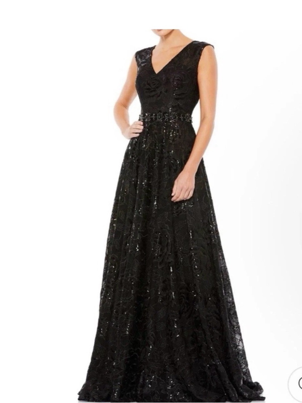 Mac Duggal Black Lace V-Neck Beaded Waist Evening Dress Size 12 New